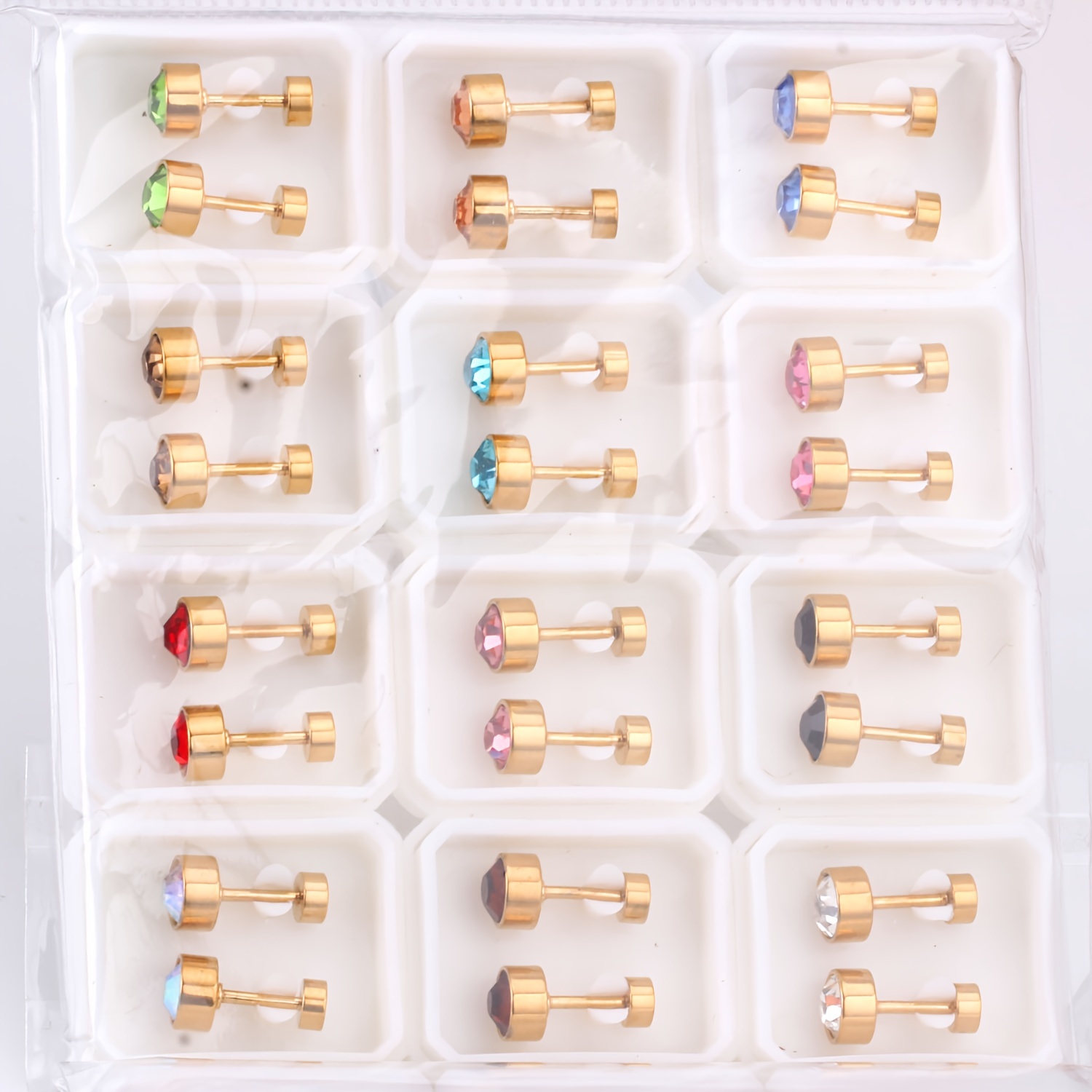 12 Pairs Multicolor Zircon 18K Gold Plated Stud Earrings Set